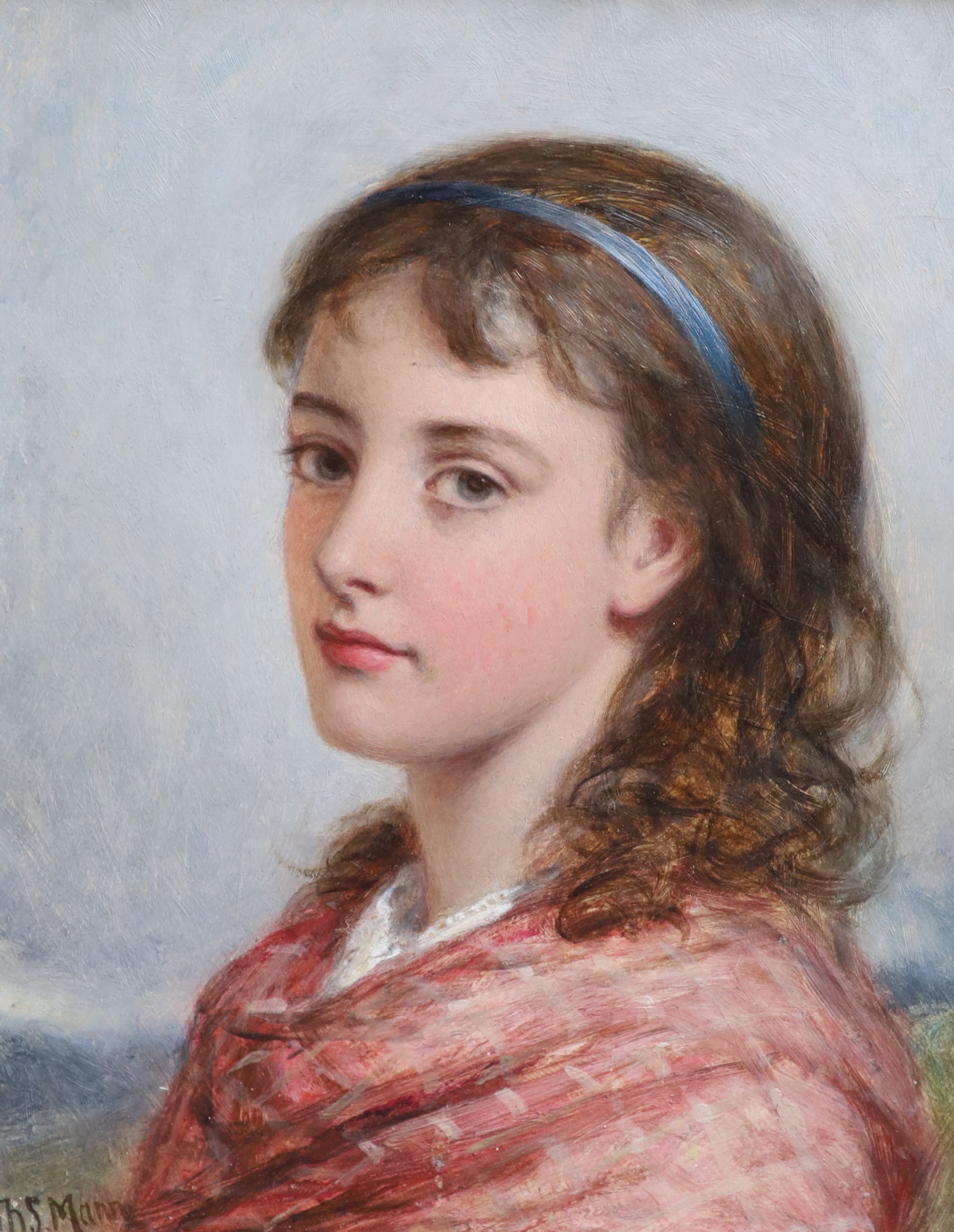 Joshua Hargrave Sams Mann (1826-1886), Portrait of a girl in a pink shawl, Oil on board, 25 x 19cm.